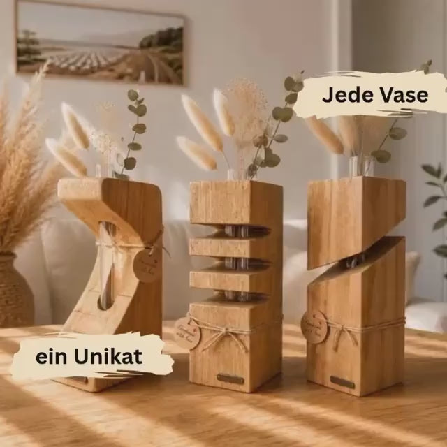 Designvase aus Eichenholz mit Reagenzglas | Skulpturale Holzvase | Nordic Deko | Handmade Wohnaccessoire