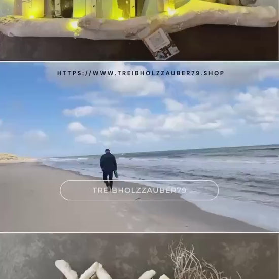 Maritime Wanddeko 56cm beleuchtet; kleine Deko Häuser aus Holz mit Steinbild in einer Winterlandschaft. Treibholz und Strandfunde Dänemark.