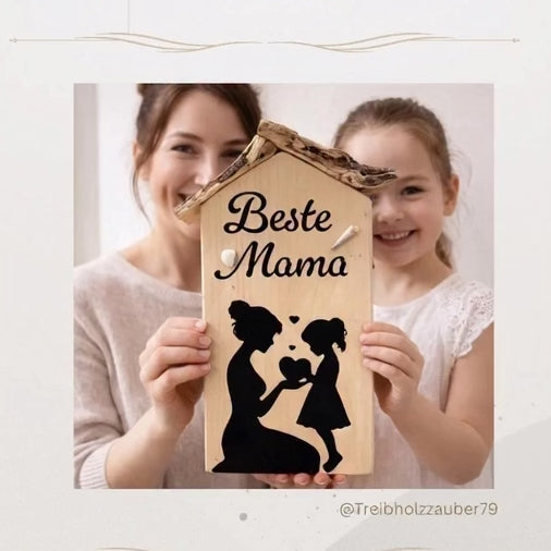 Mutter und Tochter halten kleinen Treibholz Haus mit dem Text Beste Mama und Mutter Tochter Silhouette