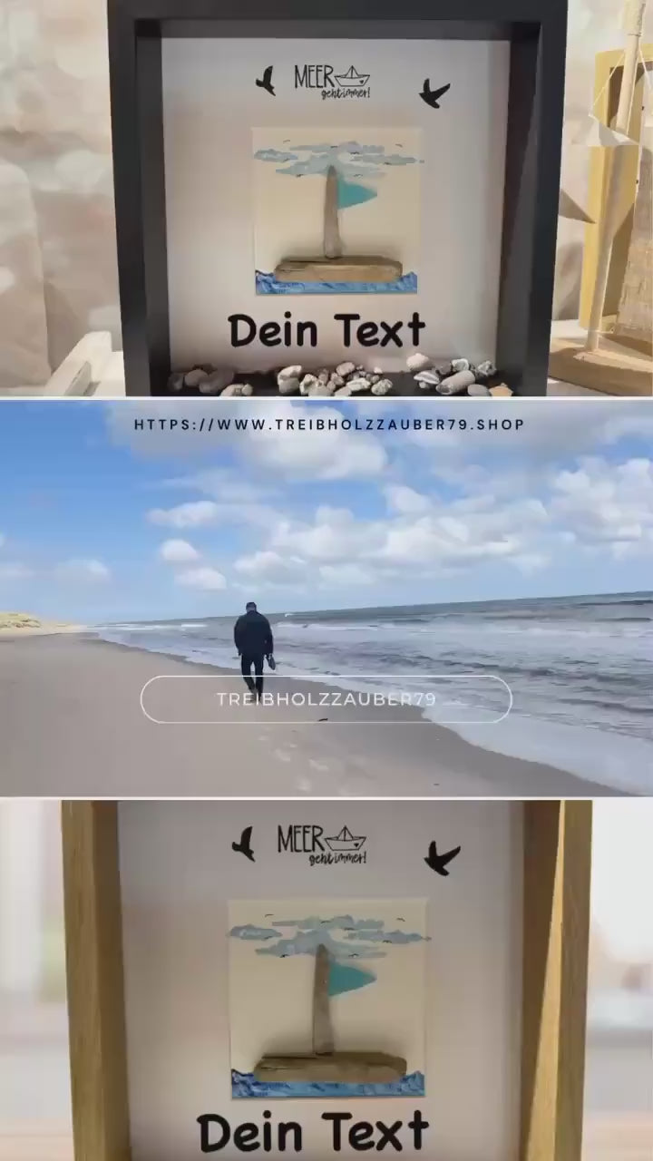 Personalisiertes Steinbild im Rahmen 27cm Handmade - Steinbild Segelboot mit original Strandgut von der dänischen Küste.