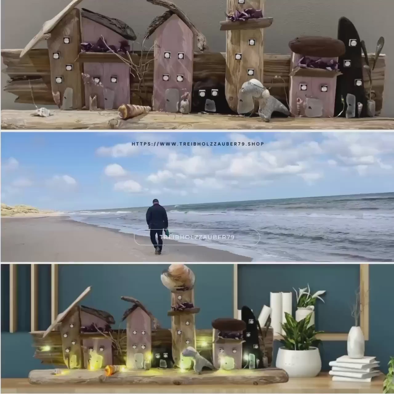 Maritime Deko für Fensterbank innen 58 x 28 x 8 cm. Beleuchtete Deko Häuser - Handmade Geschenke - Treibholz Deko Regal - Deko Ostsee
