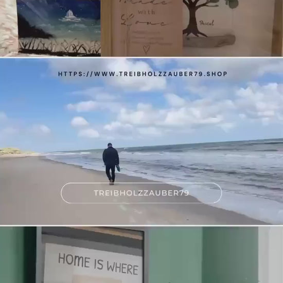Personalisierter Lebensbaum im Bilderrahmen 27 cm Eiche - Bild Muschel, Bilderrahmen Maritim mit Strandgut der dänischen Küste.