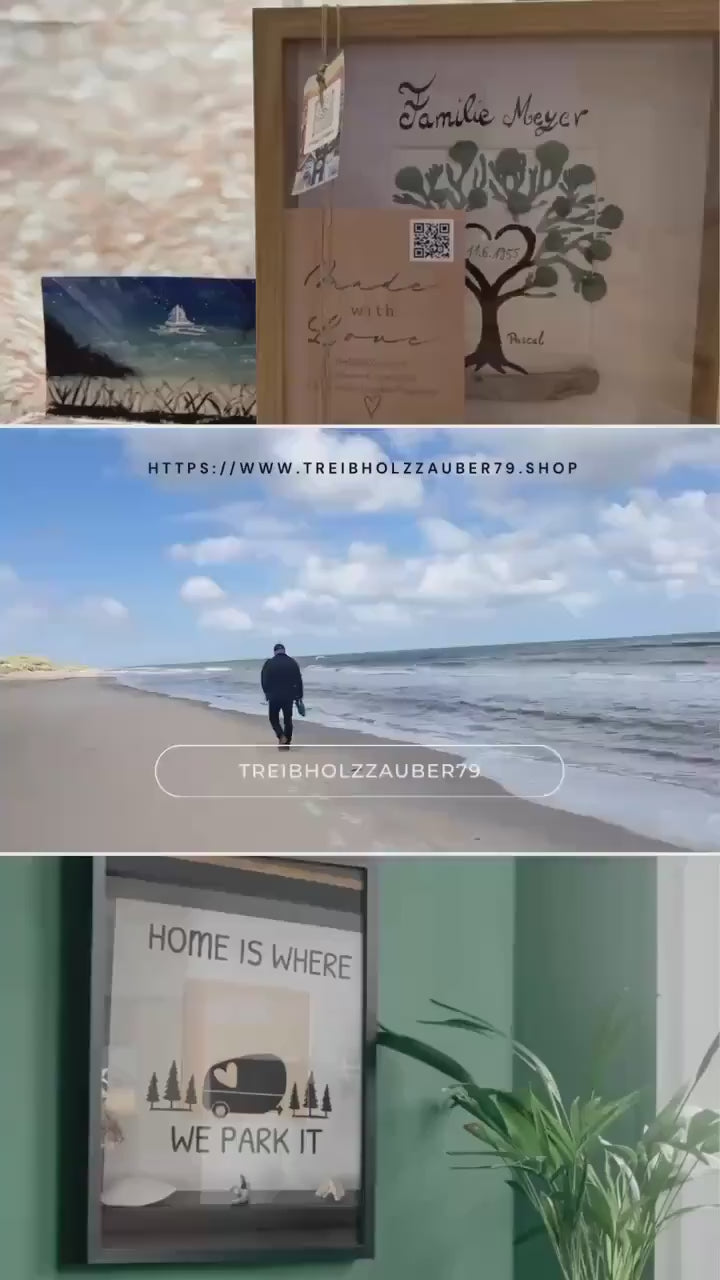 Personalisierter Lebensbaum im Bilderrahmen 27 cm Eiche - Bild Muschel, Bilderrahmen Maritim mit Strandgut der dänischen Küste.