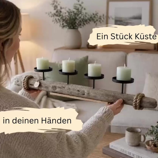Treibholz Kerzenhalter mit 4 Stumpenkerzen im hellen skandinavischen Wohnzimmer
