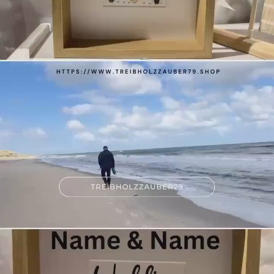 Personalisiertes Steinbild zur Hochzeit handgemalt 27cm Eiche, mit Strandfunde der dänischen Küste. Hochzeit personalisiert - Handmade