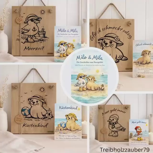 Holzschild Eiche Meerzeit 20x20 | Milo & Mila Robbe | Maritimes Deko Schild Eichenholz | Badezimmer Deko Nordsee | Treibholzzauber79