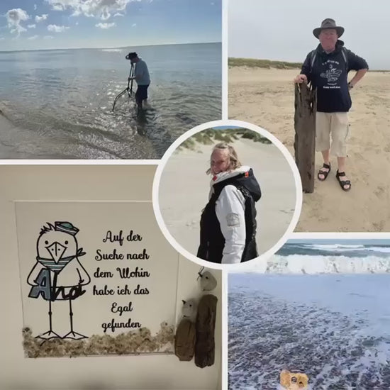 Maritimes Steinbild im Rahmen 27cm weiß mit Möwe und Spruch handgemalt. Strandfunde der dänischen Küste. Steinbilder mit Sprüchen.