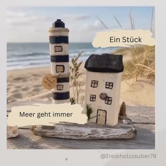 Treibholz Leuchtturm mit Haus | Maritime Deko Holz | Handmade Coastal Decor | Strandhaus Dekoration | Unikat Geschenk Meer