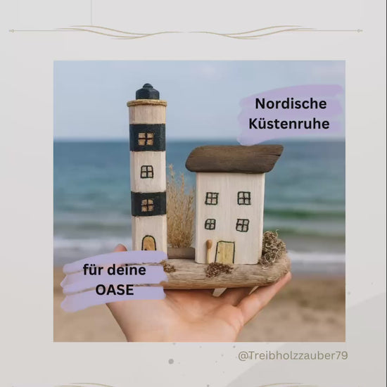 Handgefertigte Treibholz Deko Leuchtturm und Strandhaus am Meer