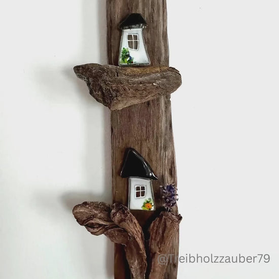 Treibholz Deko zum Hängen mit 2 Glas Häuschen | Maritime Wanddeko aus Driftwood | Treibholz Wandbild Handmade Unikat | Küsten Deko