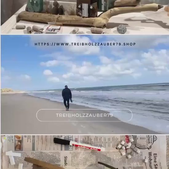 Treibholz Wanddeko 50cm mit Steinbild & kleine Deko Häuser aus Holz. Strandfunde von der dänischen Küste. Steinbild - maritime Wanddeko Holz
